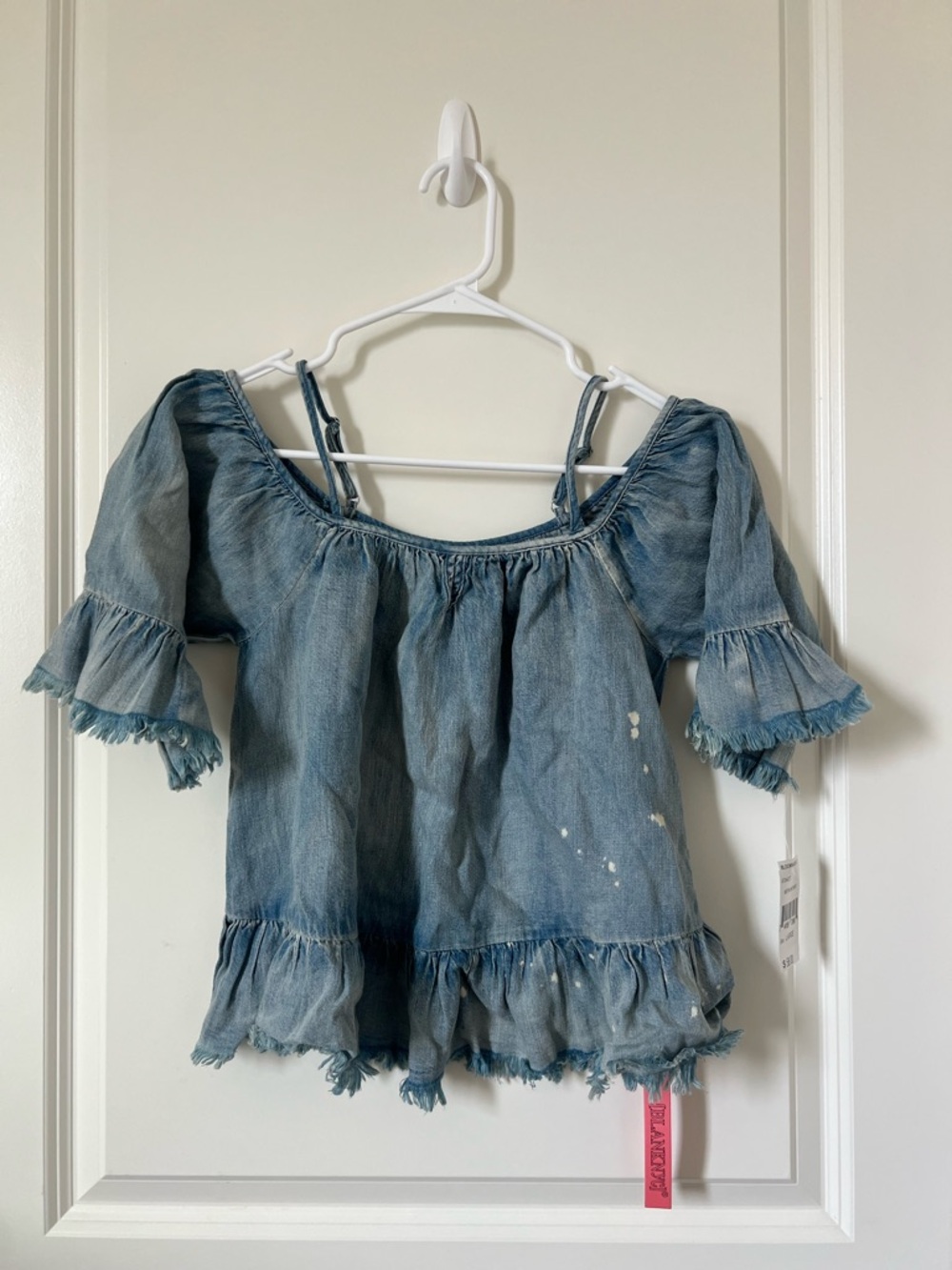 Bloomingdale’s Denim Blue Off-Shoulder Ruffle Top